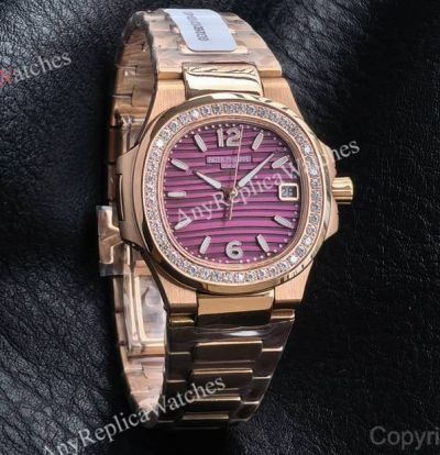 RRR Factory Patek Philippe Nautilus Cal.E 23-250SC Movement 32mm Voilet Lacquered Face Rose Gold Band Women Watch